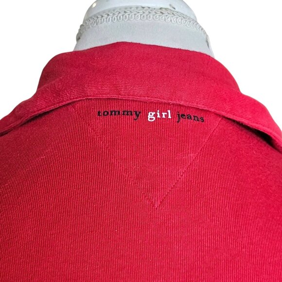 Y2K Tommy Hilfiger Red Polo Shirt Semi Cropped Tight Preppy Sz M Logo 2000s - Picture 4 of 8